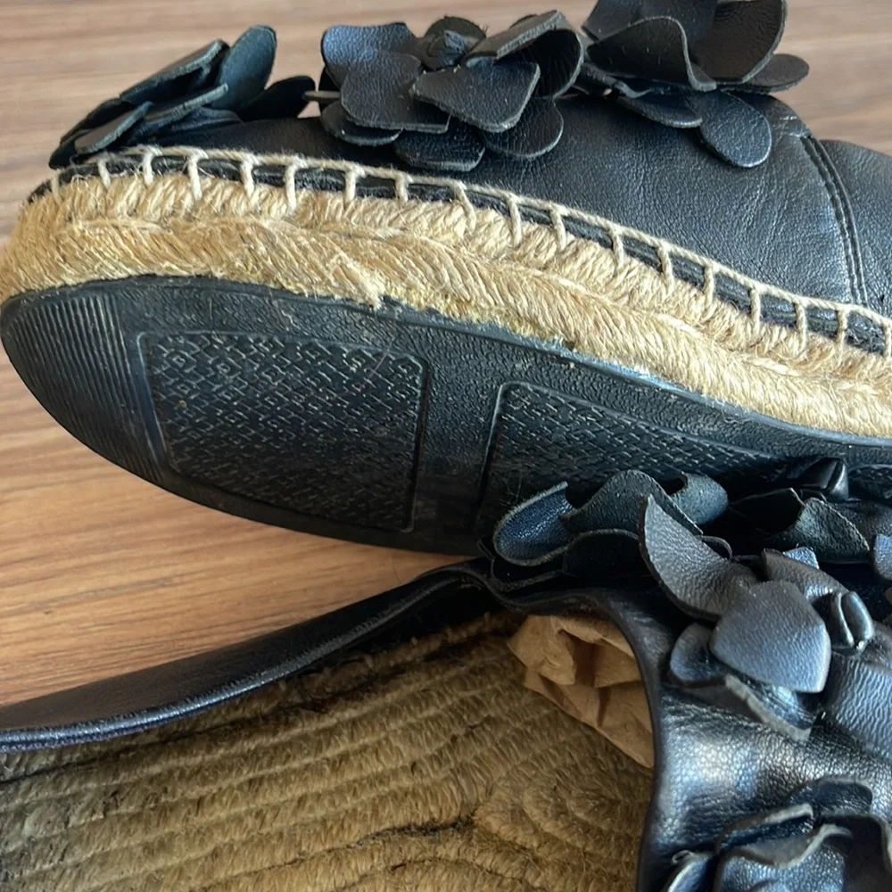 Tory Burch Blossom Leather Espadrille Black Flower Slip On Shoe Women’s Size 10